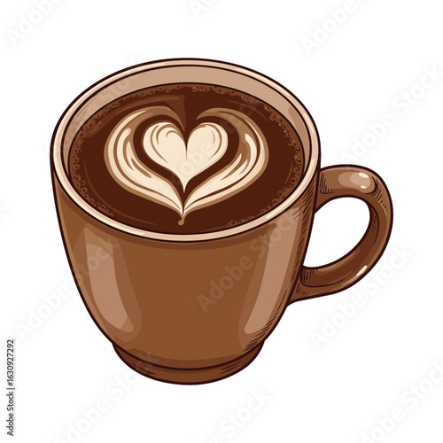 Hot cappuccino with heart-shaped latte art in brown cup. Vector illustration