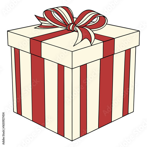 A classic Christmas box with a wide red and gold striped border and a simple, elegant bow