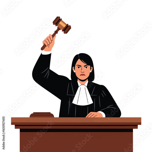 A stern judge in a black robe raises a wooden gavel high above a courtroom desk, symbolizing justice and authority.