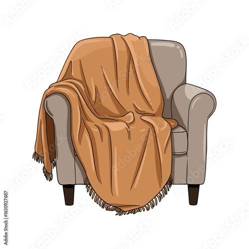 Cozy beige armchair with soft orange blanket. Vector illustration