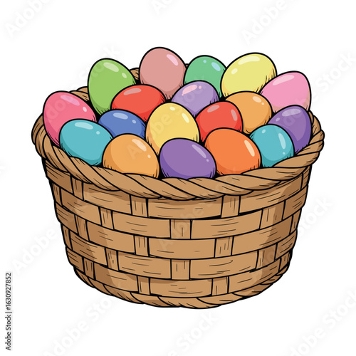 Colorful easter basket filled with vibrant multicolored eggs illustration. Vector illustration