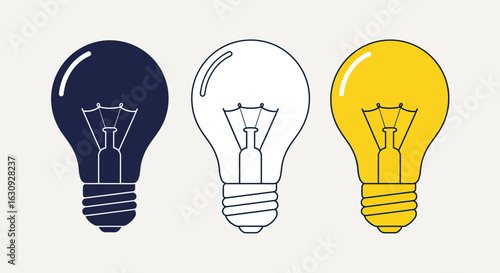 Minimalist Light Bulb Vector Icon Set with Blue White and Yellow Colors