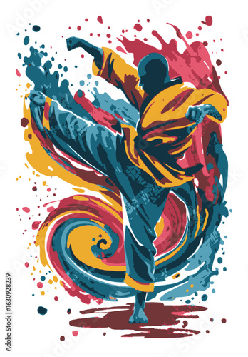 Dynamic Abstract Illustration of Martial Artist in Action with Color Splashes