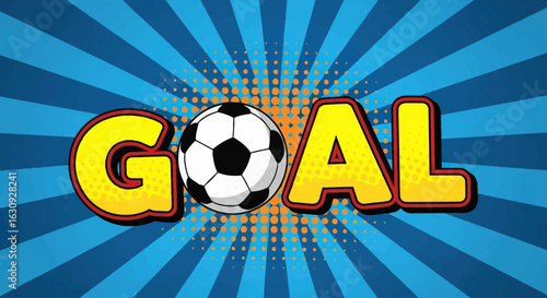 Logo Template Soccer Ball Vector Illustration with Bold Yellow Comic Style and Blue Radial Background