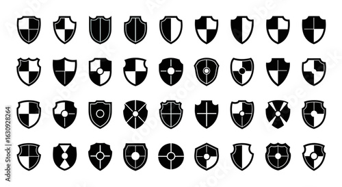 Icon Set Vector Shield Shapes Collection in Black and White Minimalist Style