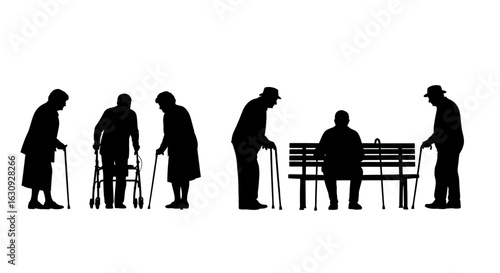 Silhouette Elderly People Vector Illustration with Walking Canes and Bench in Minimalist Black