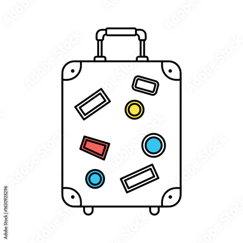Colorful stamped travel suitcase with stickers. Vector illustration