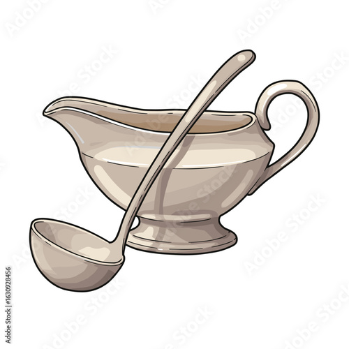 Elegant ceramic gravy boat with matching ladle for dining table serving. Vector illustration