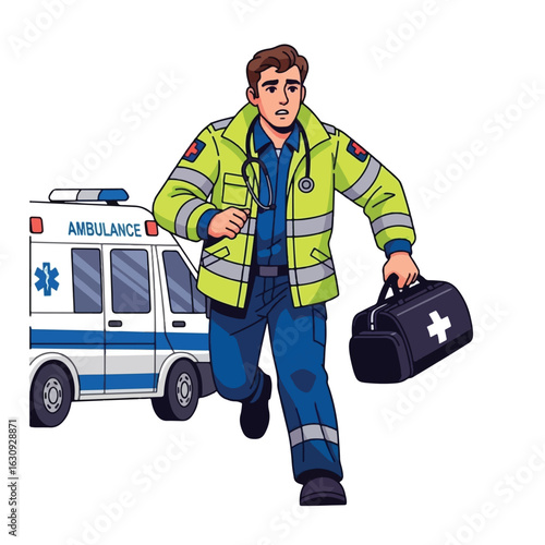 Paramedic runs towards the viewer, holding a medical bag, with an ambulance in the background.