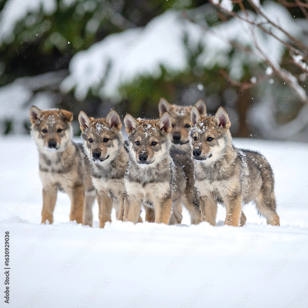 Fototapeta premium Five playful wolf pups in snowy forest