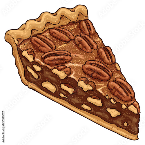 Pecan pie slice with rich caramel filling and buttery crust. Vector illustration