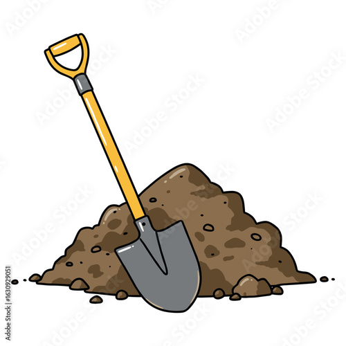 Yellow-handled shovel in dirt pile. Vector illustration