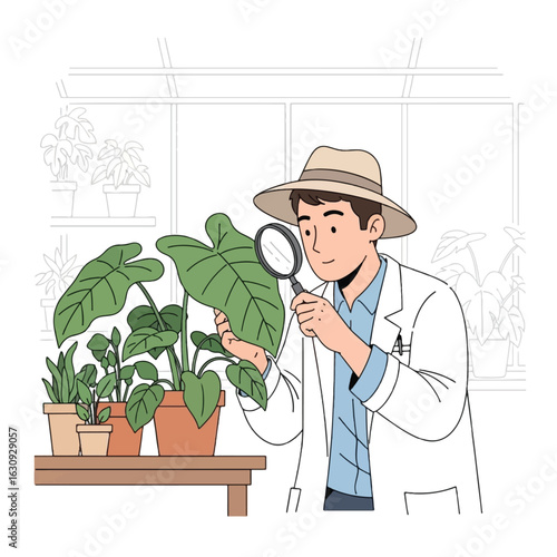 A botanist in a lab coat and hat examines a large leaf with a magnifying glass, surrounded by potted plants.
