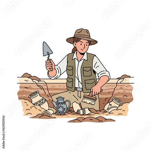 Archaeologist carefully excavating ancient pottery artifacts in a dig site.