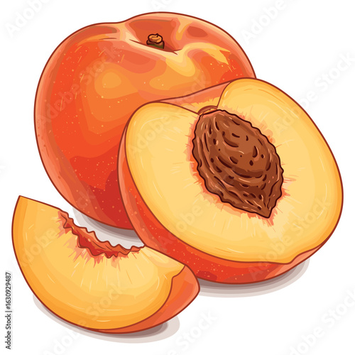 Juicy whole and sliced peaches with pit. Vector illustration
