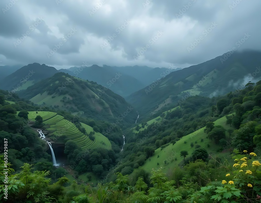 Naklejka premium Lush green valley with waterfall, mountains, and cloudy sky