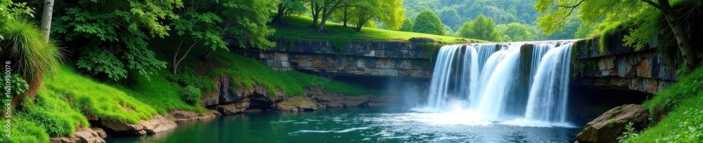 Fototapeta premium Steep hillside, cascading waterfall into pond, wild, tranquil, vertical