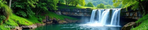 Steep hillside, cascading waterfall into pond, wild, tranquil, vertical