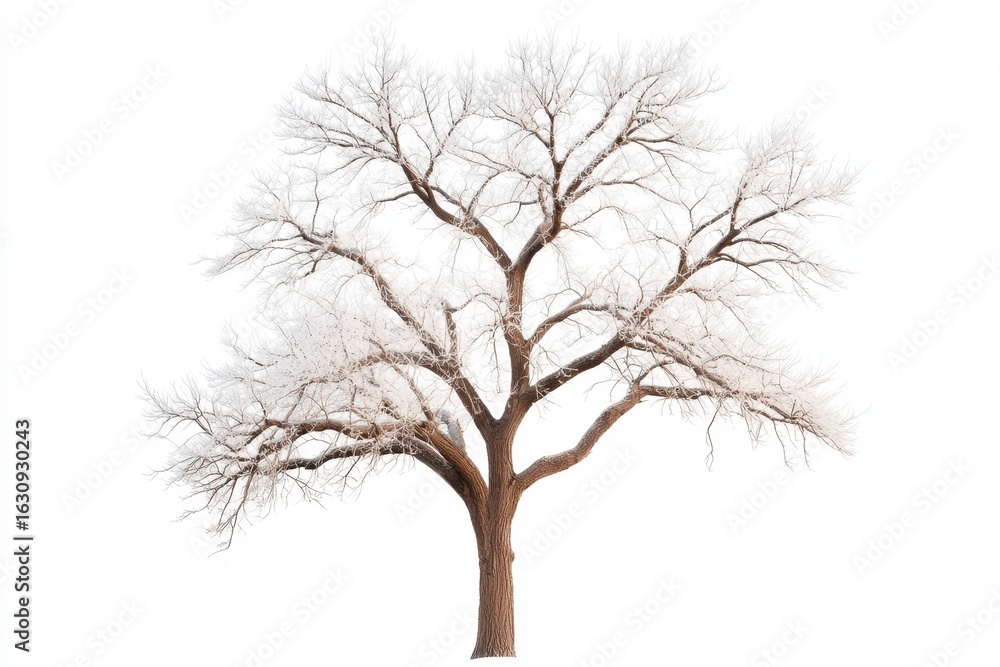 Fototapeta premium Frost covered leafless winter tree stands tall against white background, showcasing intricate branches and serene atmosphere. beauty of winter is captured in this striking image