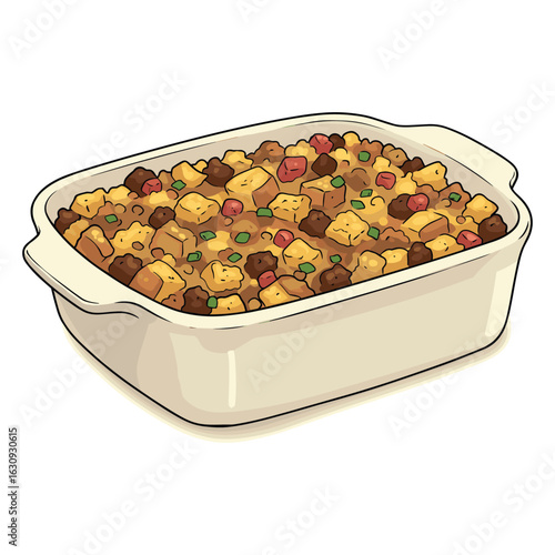 Baked thanksgiving stuffing with sausage, bread, and herbs in a ceramic dish. Vector illustration