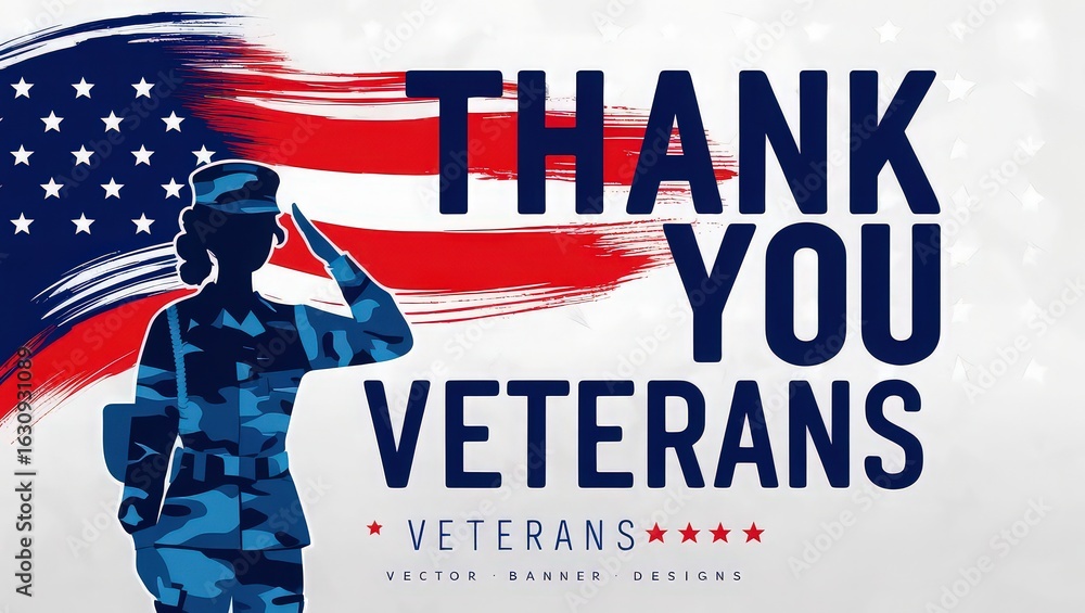 Obraz premium Thank you veterans banner with saluting soldier silhouette and american flag background design art