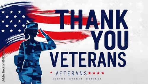 Thank you veterans banner with saluting soldier silhouette and american flag background design art