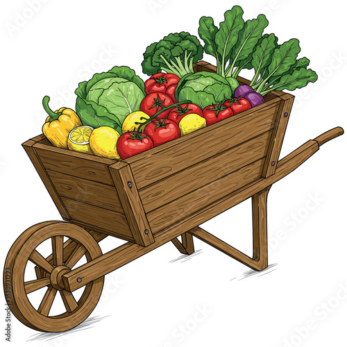 Wooden wheelbarrow with fresh vegetables: cabbage, tomatoes, peppers, greens, lemons. Vector illustration