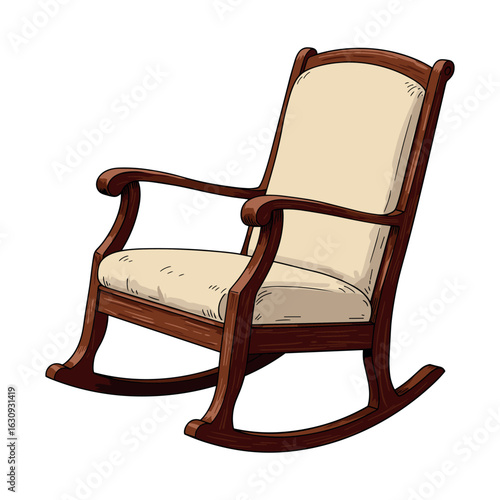 Classic wooden rocking chair with cushioned seat - timeless comfort and elegance. Vector illustration