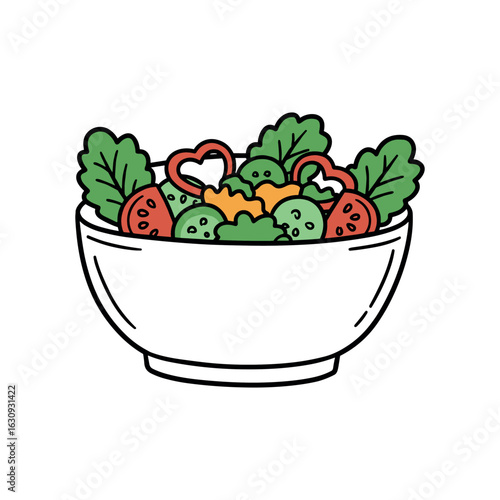 Colorful fresh vegetable salad with tomatoes, lettuce, and cucumbers in a white bowl. Vector illustration