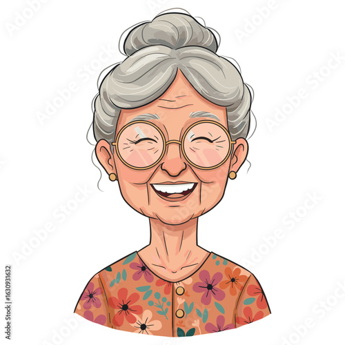 Smiling elderly female with glasses in floral outfit. Vector illustration