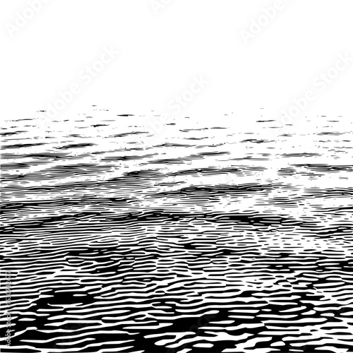 Monochromatic illustration of rippled water surface with horizon line and abstract wave patterns