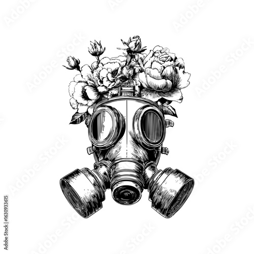 Engraving style illustration of gas mask with blooming flowers in black and white on transparent background – for ecological posters, environmental campaigns, and concept packaging