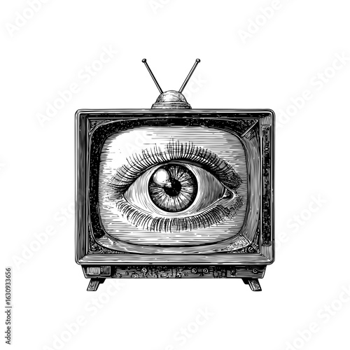 Engraving style illustration of vintage television with human eye in black and white on transparent background – for surveillance posters, media critique editorials, and educational publications