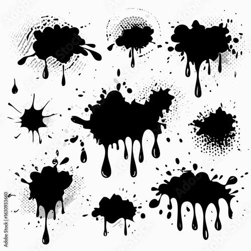 Vector collection of black ink splatters and dripping liquid stains. Abstract grunge blots and isolated splash shapes for design elements.