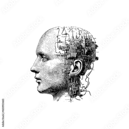 Engraving style illustration of side view of human head with mechanical components in black and white on transparent background – for robotics design, AI research visuals, and sci-fi book covers