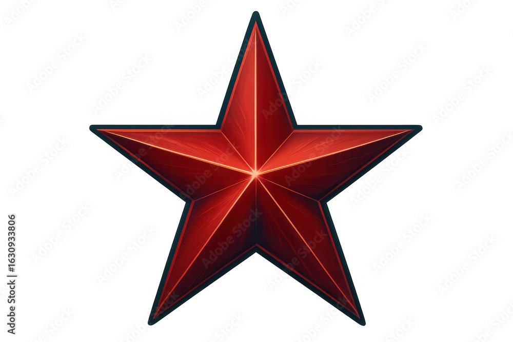 Fototapeta premium Metallic bright red five-pointed star reflecting light, standing against transparent background, suitable for digital design and graphic artwork