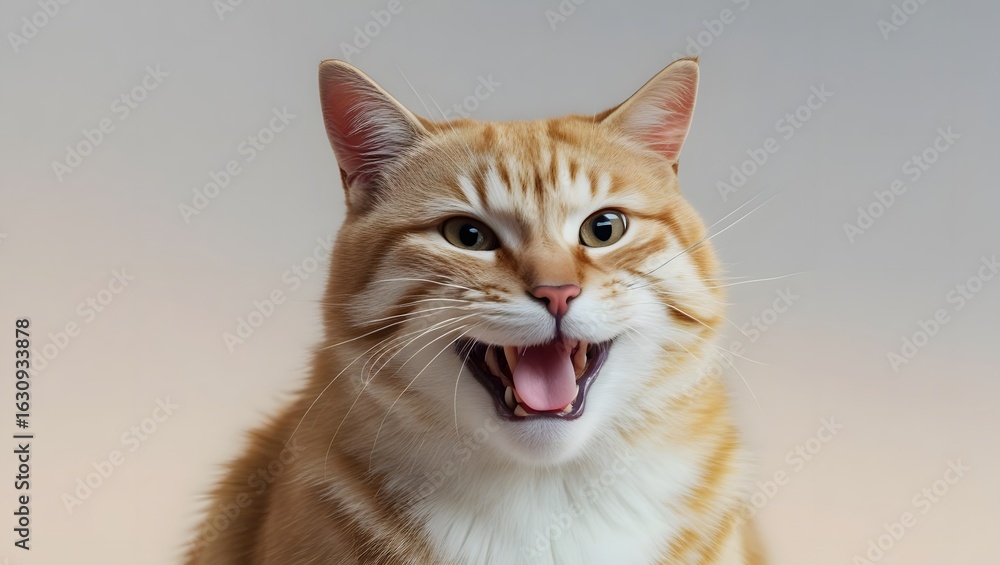 Obraz premium Happy Cat Expression: A close-up portrait of a happy orange tabby cat, showcasing its expressive face and open mouth in a playful, joyful, and lighthearted moment. 