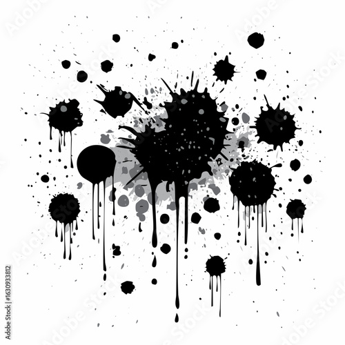 A collection of grunge ink splatters with dripping black paint. Set of isolated blots and messy stain textures for design elements.