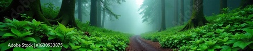 Misty forest trail, Mount Rainier Lush green, fog, trees, path , forest, serene