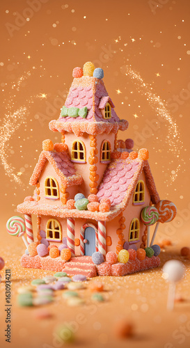 Miniature haunted house with candy-like textures surrounded by floating sparkles