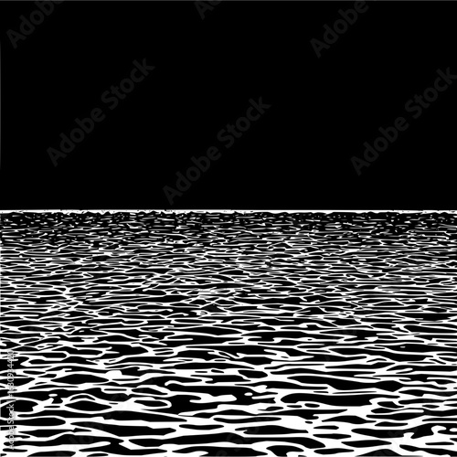 Monochromatic illustration of a dark sky above a turbulent water surface with white ripples visible