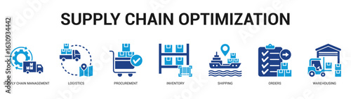 Supply Chain Optimization Modern and clean web banner illustration featuring thematic icons for visual communication