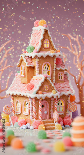 Miniature haunted house with candy-like textures surrounded by floating sparkles