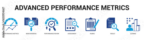 Advanced Performance Metrics Modern and clean web banner illustration featuring thematic icons for visual communication