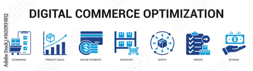 Digital Commerce Optimization Modern and clean web banner illustration featuring thematic icons for visual communication