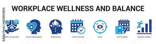 Workplace Wellness and Balance Modern and clean web banner illustration featuring thematic icons for visual communication