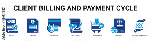 Client Billing and Payment Cycle Modern and clean web banner illustration featuring thematic icons for visual communication