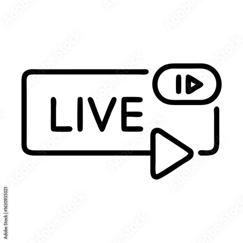 A clean, modern design featuring the word LIVE prominently displayed within a rectangular frame, accompanied by a play button, symbolizing live streaming or real-time broadcasting.