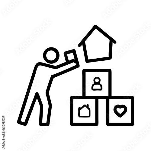 An icon depicts person, construction home, constructing a building with a building blocks, and other related symbol to tell life.