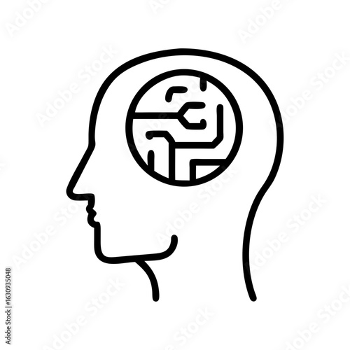 A graphic illustration of a human head with an integrated circuit, symbolizing the fusion of human and machine intelligence, the essence of technological advancement.